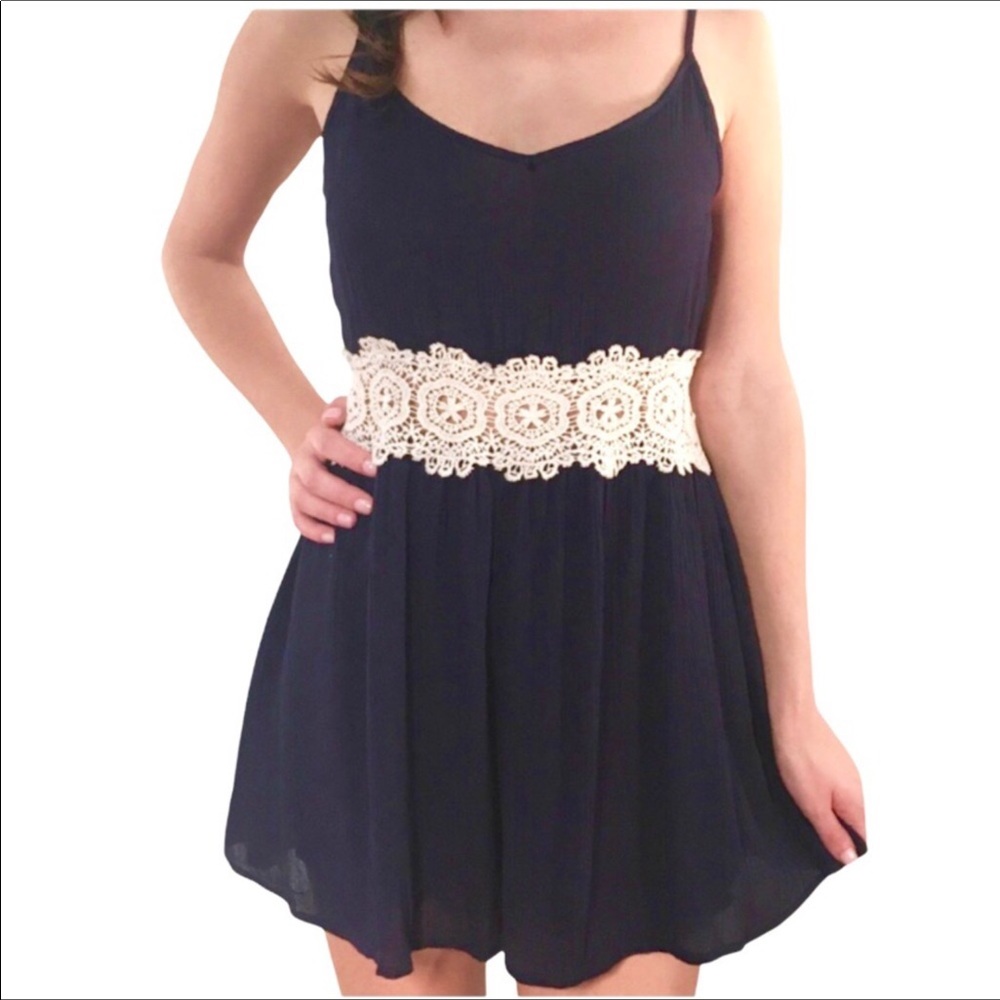 Rosette Crochet Lace Waist Navy Blue Romper Size M Back Zipper Adjustable Straps